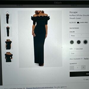 Xscape Dark Green 3/4 Sleeve Dress with Ruffle Neckline